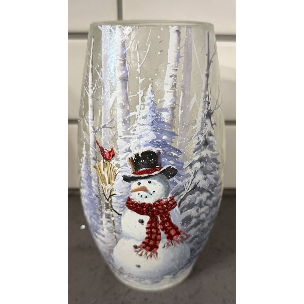 Christmas Lighted Light‎ Up Glass Snowman Vase Cardinals Deer Winter Scene